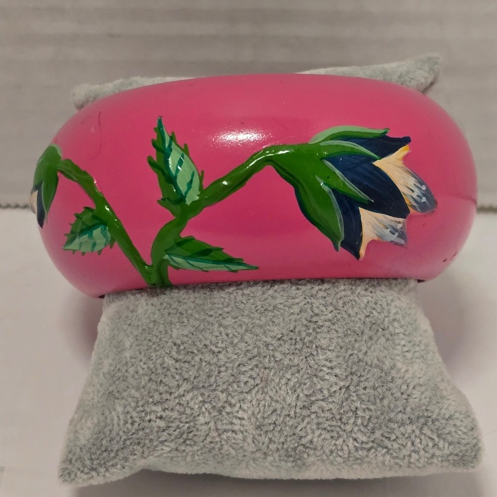 Vintage Hand Painted Raises Floral Bangle Bracelet Pink Flower Chunky Jewelry